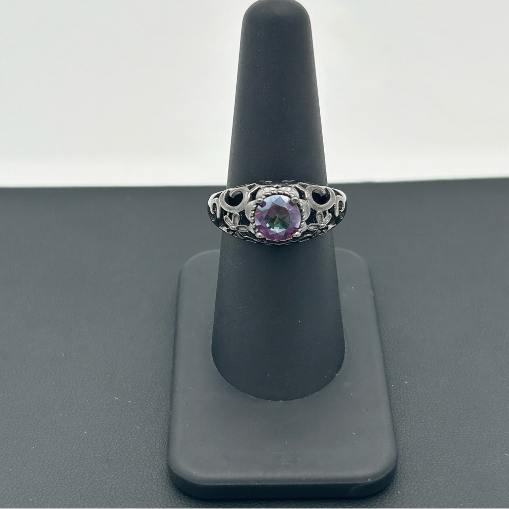 Black Sterling Silver with Purple and Green Gemstone Ring